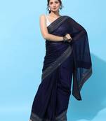 Navy Blue Embroidered Art Silk Saree With Blouse