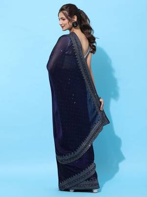 Navy Blue Embroidered Art Silk Saree With Blouse 2