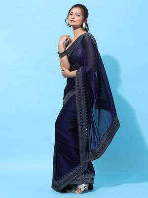 Navy Blue Embroidered Art Silk Saree With Blouse 3