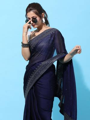 Navy Blue Embroidered Art Silk Saree With Blouse 4