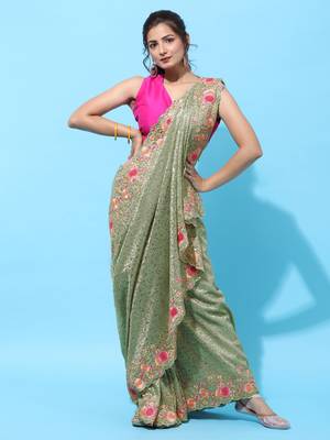 Green embroidered net saree with blouse 1