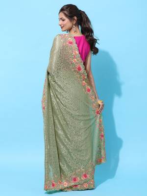 Green embroidered net saree with blouse 2