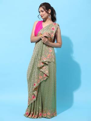 Green embroidered net saree with blouse 3
