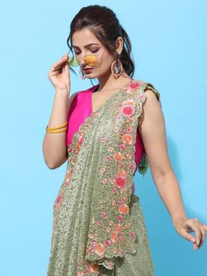 Green embroidered net saree with blouse 4