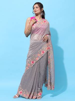 Lavender embroidered net saree with blouse 1
