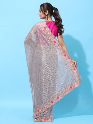 Lavender embroidered net saree with blouse 2