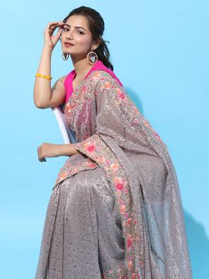 Lavender embroidered net saree with blouse 4