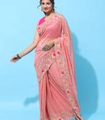 Peach embroidered net saree with blouse