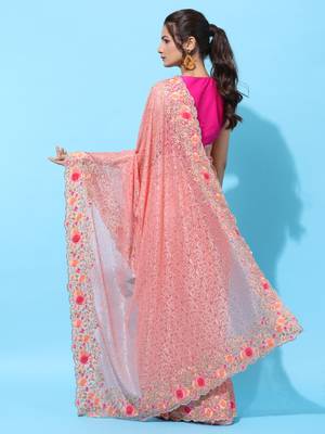 Peach embroidered net saree with blouse 2