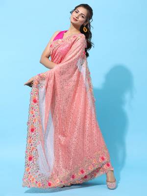 Peach embroidered net saree with blouse 3