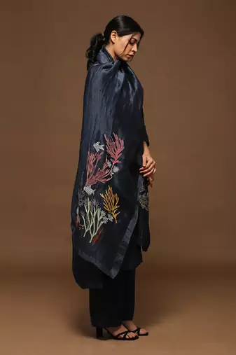 Navy Blue Linen Kurta Set