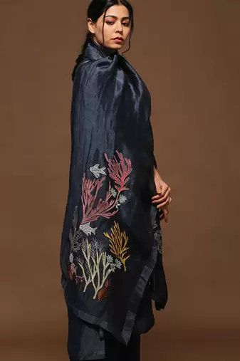 Navy Blue Linen Kurta Set