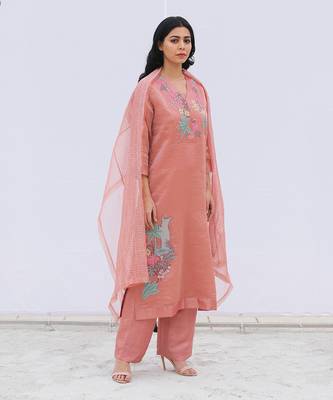 Pink Linen Kurta And Pant Set 1