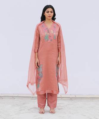 Pink Linen Kurta And Pant Set 2