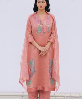 Pink Linen Kurta And Pant Set 3