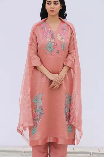 Pink Linen Kurta And Pant Set