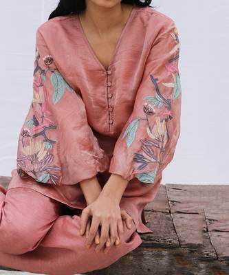 Pink Linen Kurta And Pant Set 4
