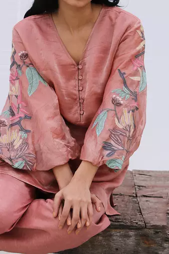 Pink Linen Kurta And Pant Set