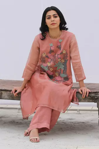 Peach Linen Kurta Set