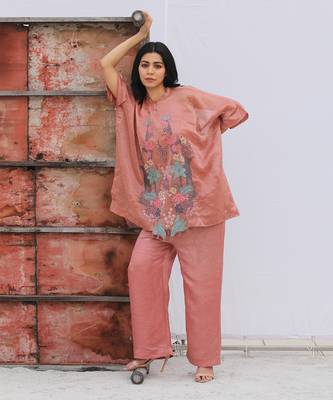 Pink Linen Kurta And Pant Set 1