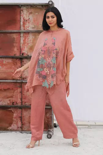 Pink Linen Kurta And Pant Set