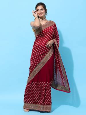 Red embroidered georgette saree with blouse 1