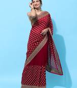 Red embroidered georgette saree with blouse