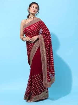 Red embroidered georgette saree with blouse 3