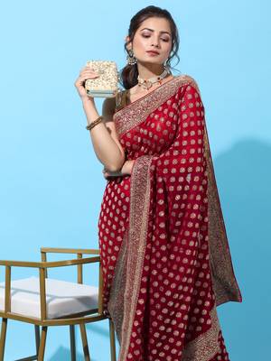 Red embroidered georgette saree with blouse 5
