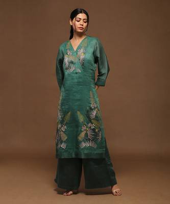 Green Linen Silk Kurta Set 1