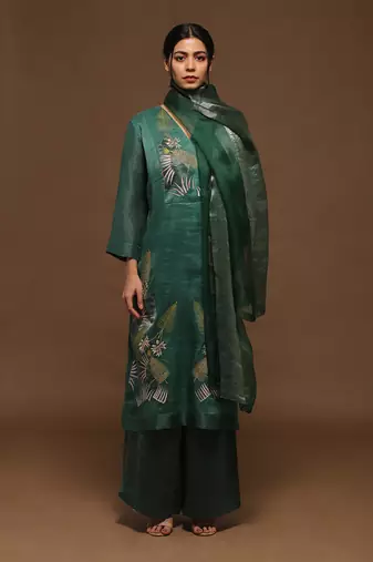 Green Linen Silk Kurta Set