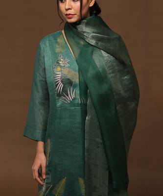 Green Linen Silk Kurta Set 3