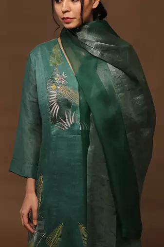 Green Linen Silk Kurta Set