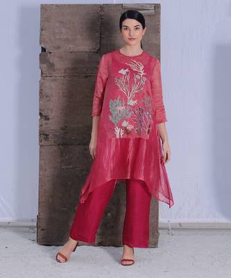 Deep Rose Tissue Silk Kurta And Pant Set 1