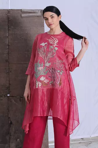 Deep Rose Tissue Silk Kurta And Pant Set