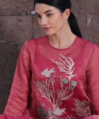 Deep Rose Tissue Silk Kurta And Pant Set 3