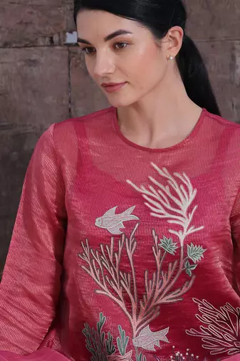 Deep Rose Tissue Silk Kurta And Pant Set
