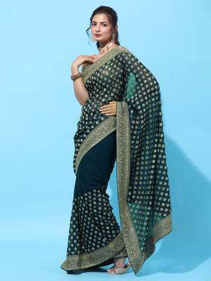 Blue embroidered georgette saree with blouse 3