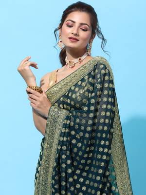 Blue embroidered georgette saree with blouse 4