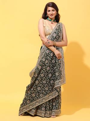 Green embroidered georgette saree with blouse 1