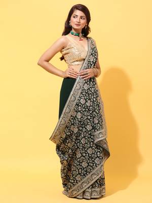 Green embroidered georgette saree with blouse 3