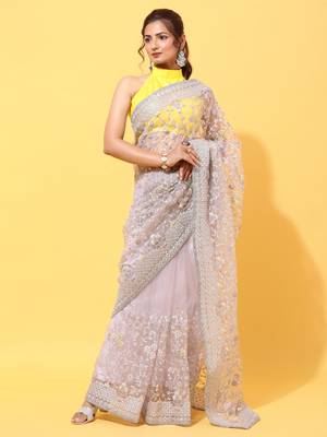 Lavender embroidered net saree with blouse 1