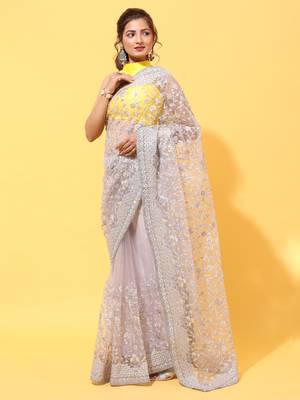 Lavender embroidered net saree with blouse 3