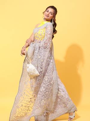 Lavender embroidered net saree with blouse 4