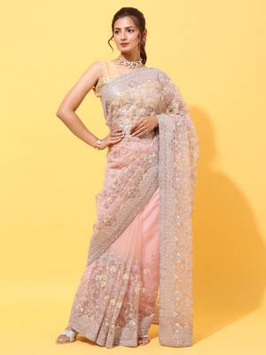 Peach embroidered net saree with blouse 1