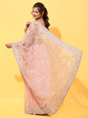 Peach embroidered net saree with blouse 2