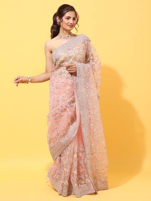 Peach embroidered net saree with blouse 3