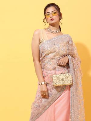 Peach embroidered net saree with blouse 4