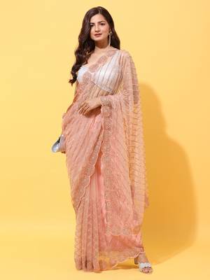 Blue embroidered net saree with blouse 1