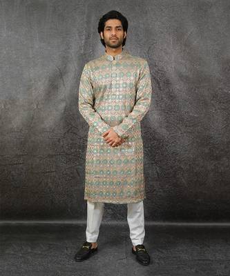 Beige Embroidered Textured Kurta 1